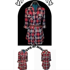 Sugarmint Red, Black Plaid Button Down Dress With Belt Size Large Like New